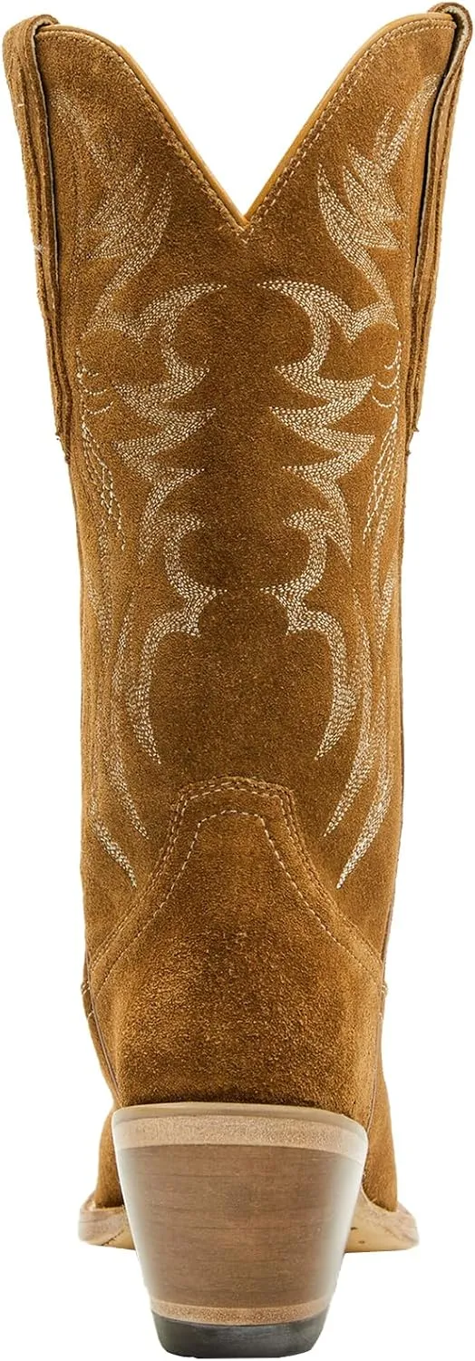Womens Faux Suede Embroidered Cowboy Boots Pointed Toe Chunky Heel Cowboy Boots Pull On Womens Fashion Mid Calf Boots