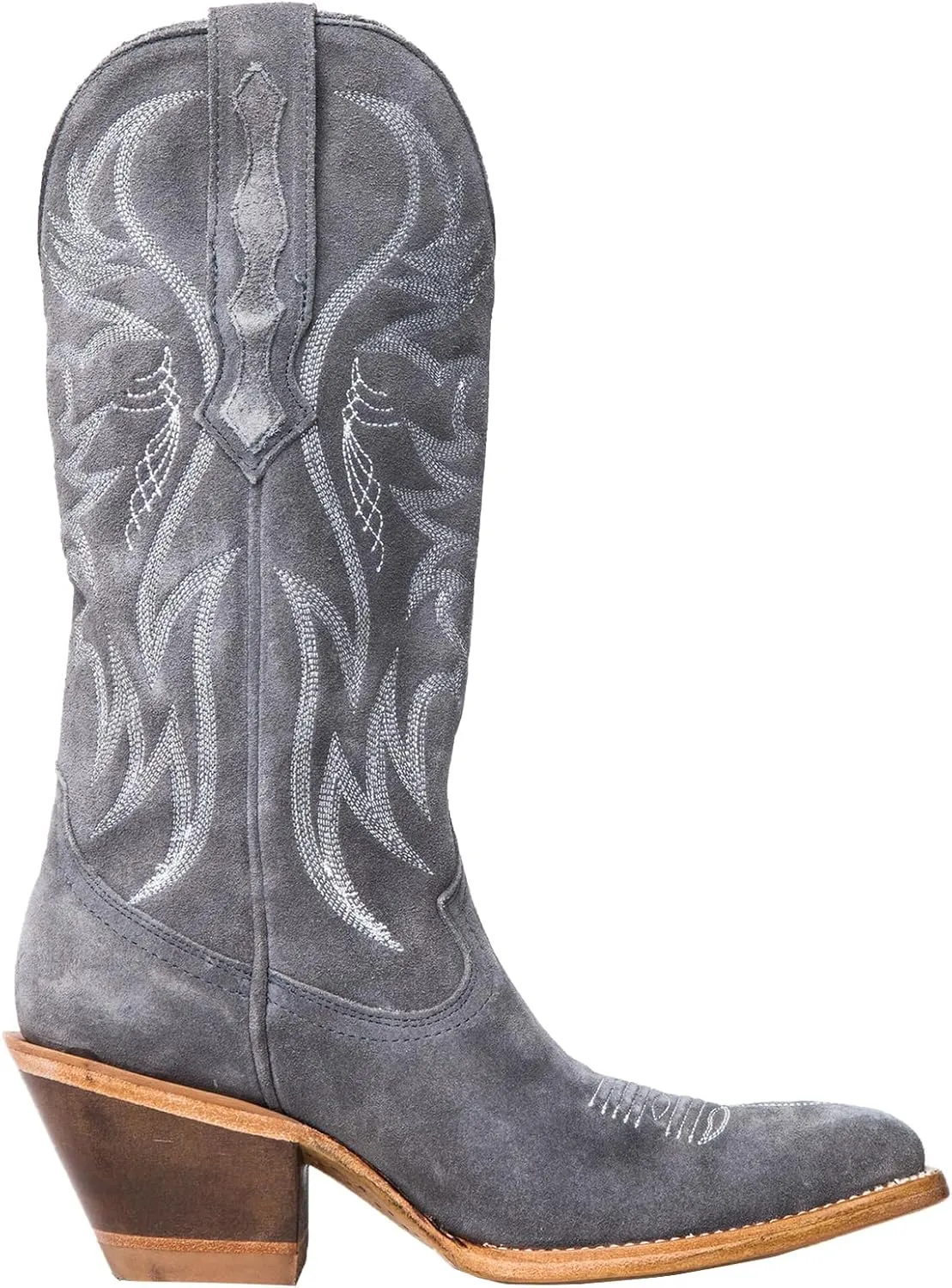 Womens Faux Suede Embroidered Cowboy Boots Pointed Toe Chunky Heel Cowboy Boots Pull On Womens Fashion Mid Calf Boots