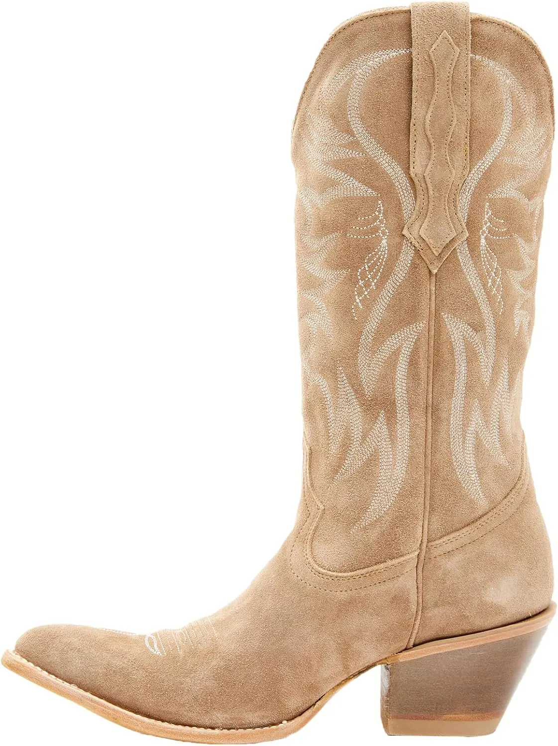 Womens Faux Suede Embroidered Cowboy Boots Pointed Toe Chunky Heel Cowboy Boots Pull On Womens Fashion Mid Calf Boots