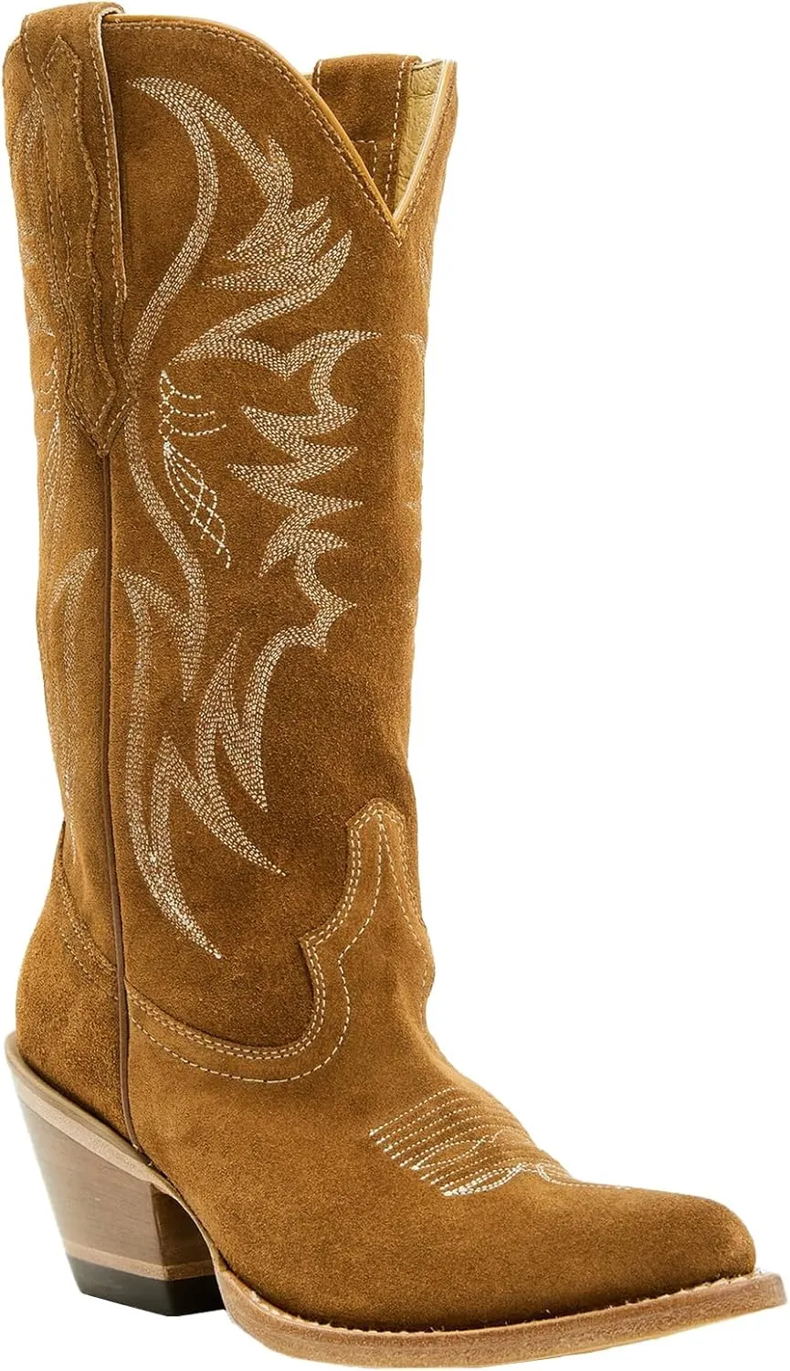 Womens Faux Suede Embroidered Cowboy Boots Pointed Toe Chunky Heel Cowboy Boots Pull On Womens Fashion Mid Calf Boots