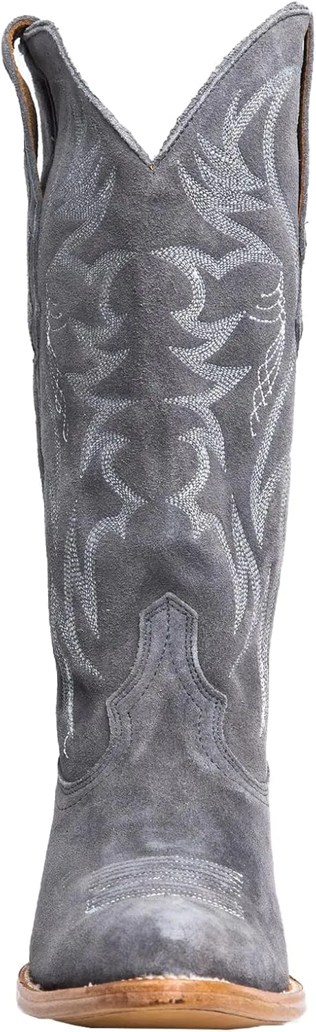 Womens Faux Suede Embroidered Cowboy Boots Pointed Toe Chunky Heel Cowboy Boots Pull On Womens Fashion Mid Calf Boots