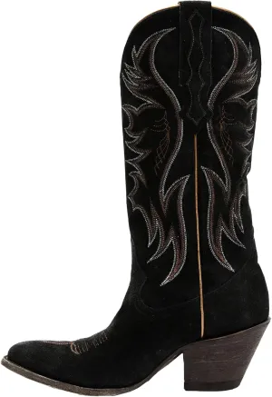 Womens Faux Suede Embroidered Cowboy Boots Pointed Toe Chunky Heel Cowboy Boots Pull On Womens Fashion Mid Calf Boots