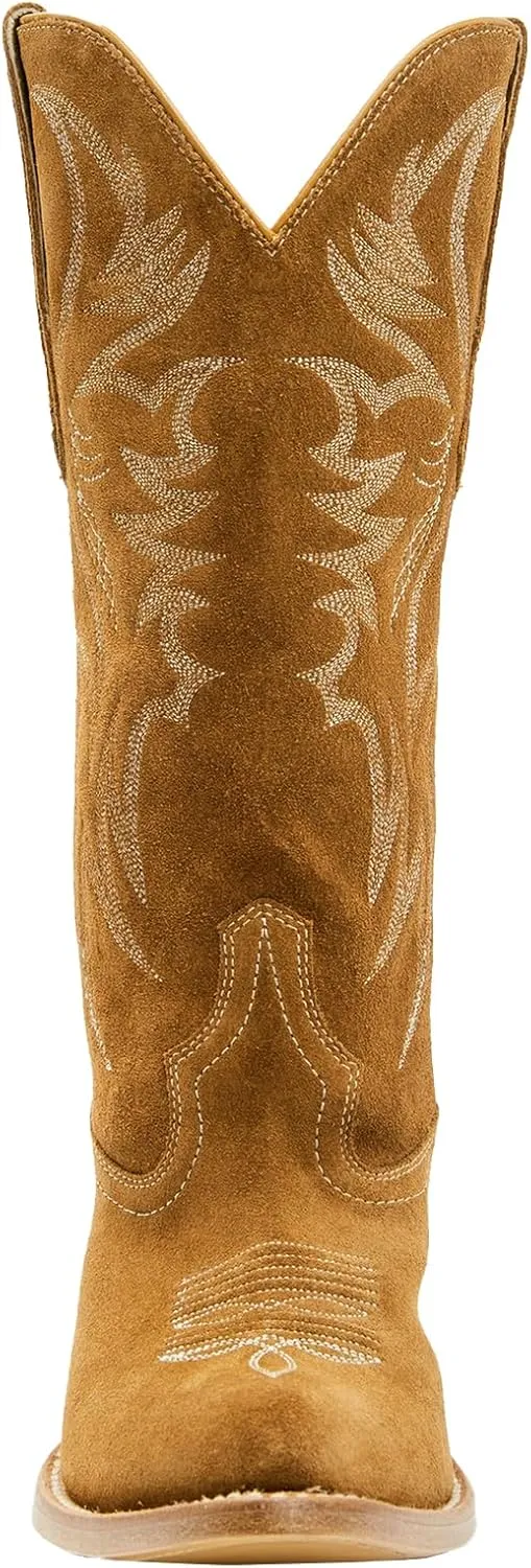 Womens Faux Suede Embroidered Cowboy Boots Pointed Toe Chunky Heel Cowboy Boots Pull On Womens Fashion Mid Calf Boots
