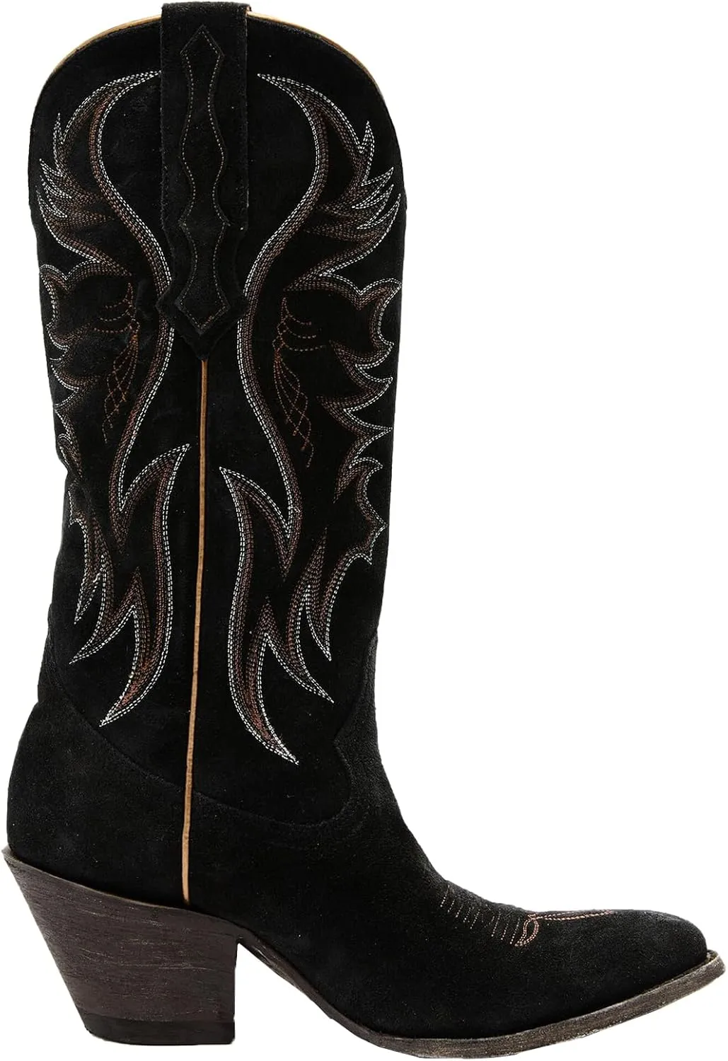 Womens Faux Suede Embroidered Cowboy Boots Pointed Toe Chunky Heel Cowboy Boots Pull On Womens Fashion Mid Calf Boots
