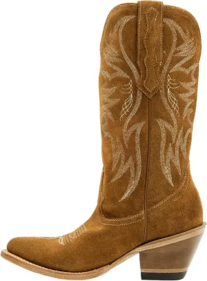 Womens Faux Suede Embroidered Cowboy Boots Pointed Toe Chunky Heel Cowboy Boots Pull On Womens Fashion Mid Calf Boots