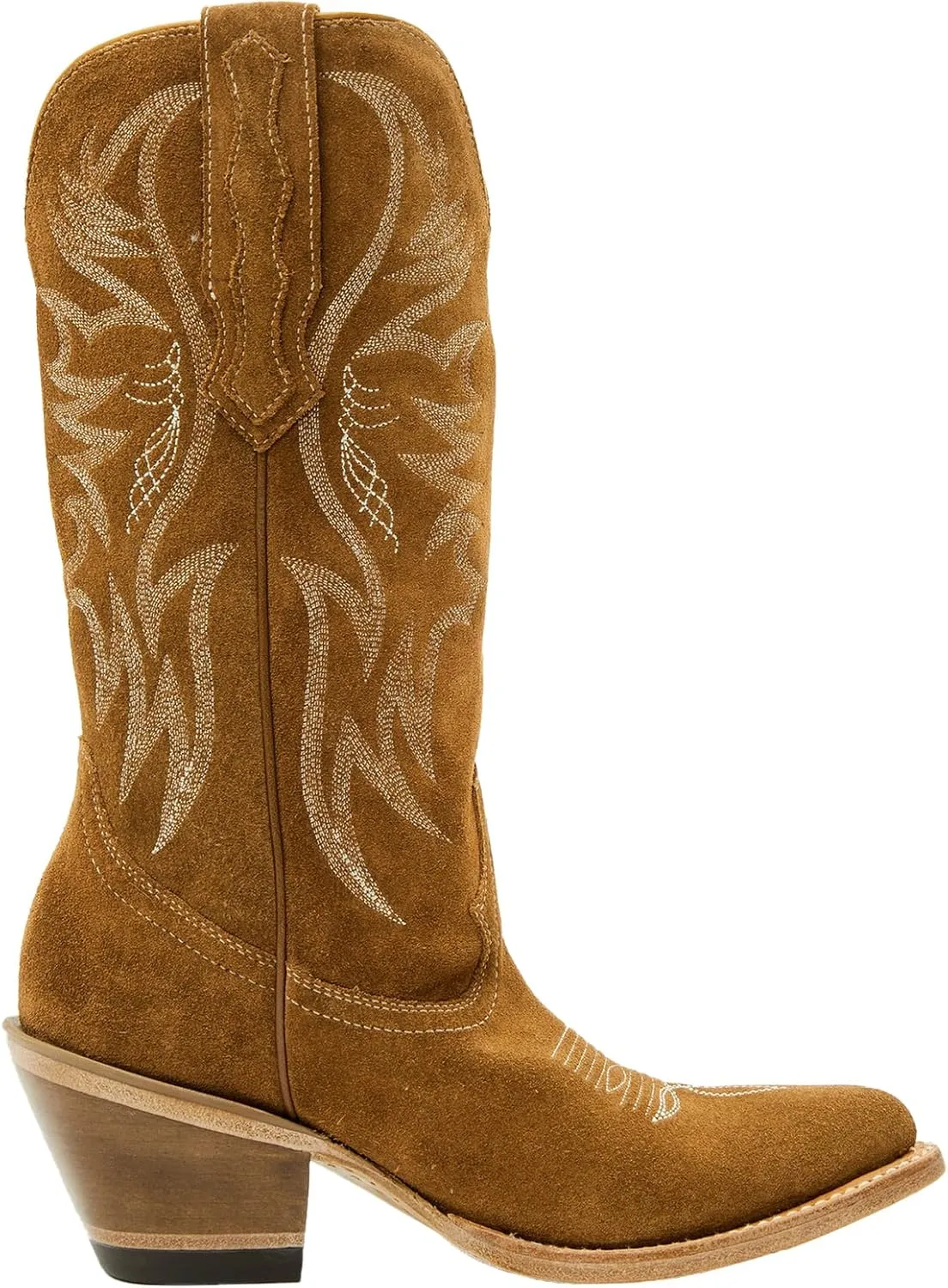 Womens Faux Suede Embroidered Cowboy Boots Pointed Toe Chunky Heel Cowboy Boots Pull On Womens Fashion Mid Calf Boots
