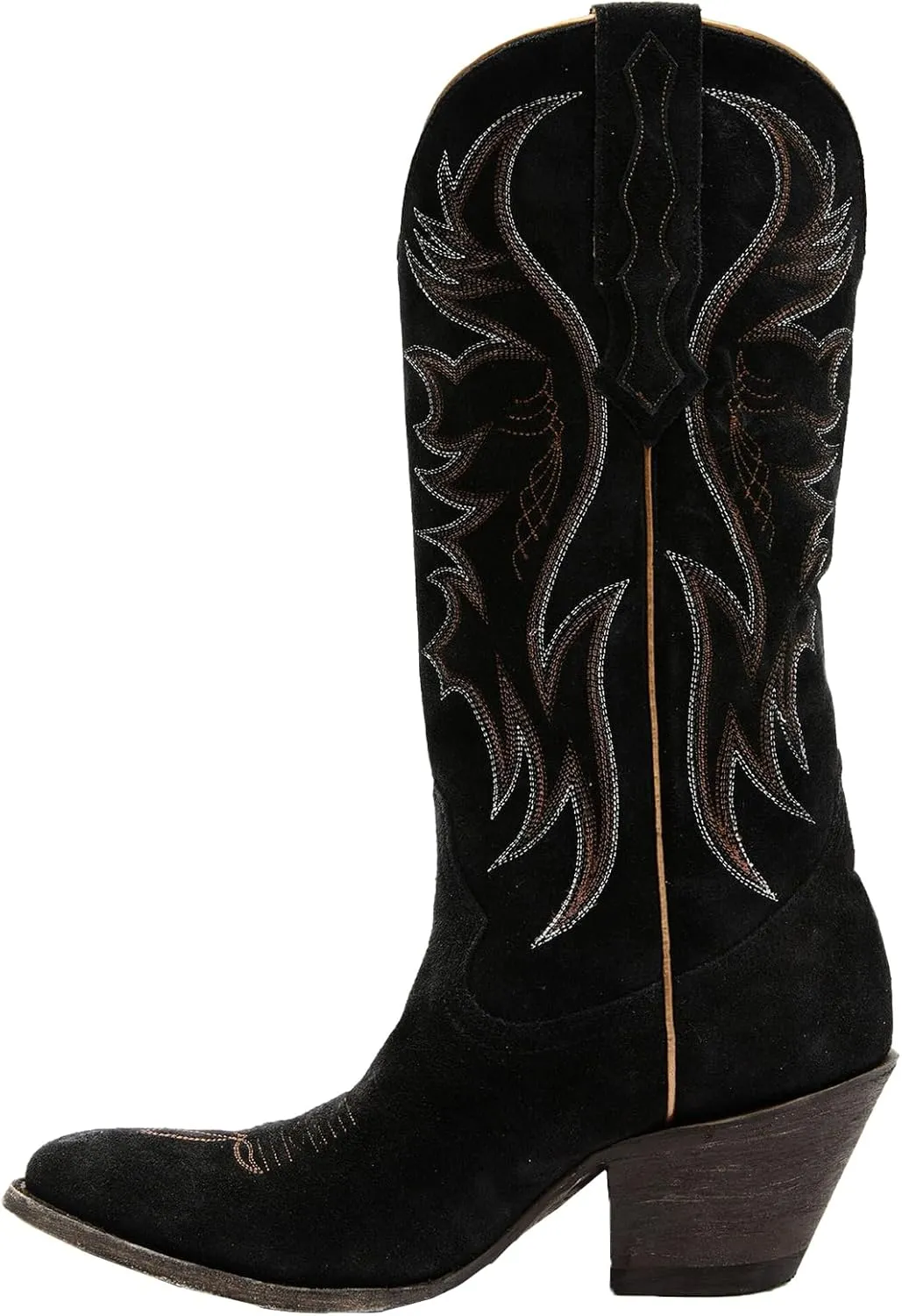 Womens Faux Suede Embroidered Cowboy Boots Pointed Toe Chunky Heel Cowboy Boots Pull On Womens Fashion Mid Calf Boots