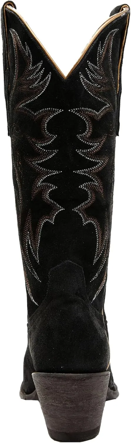 Womens Faux Suede Embroidered Cowboy Boots Pointed Toe Chunky Heel Cowboy Boots Pull On Womens Fashion Mid Calf Boots