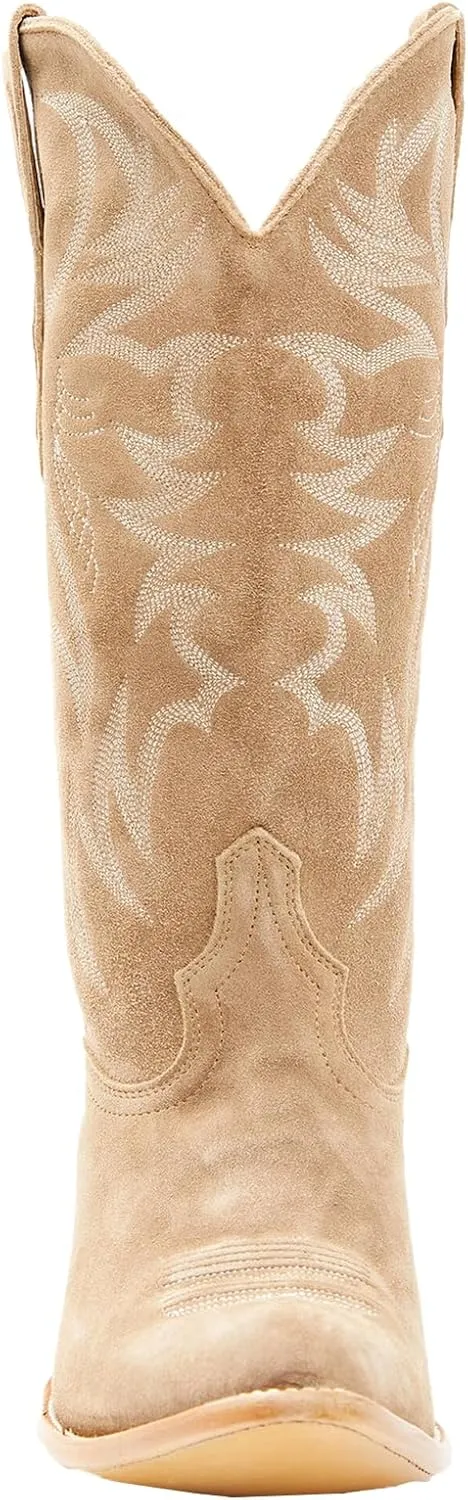 Womens Faux Suede Embroidered Cowboy Boots Pointed Toe Chunky Heel Cowboy Boots Pull On Womens Fashion Mid Calf Boots