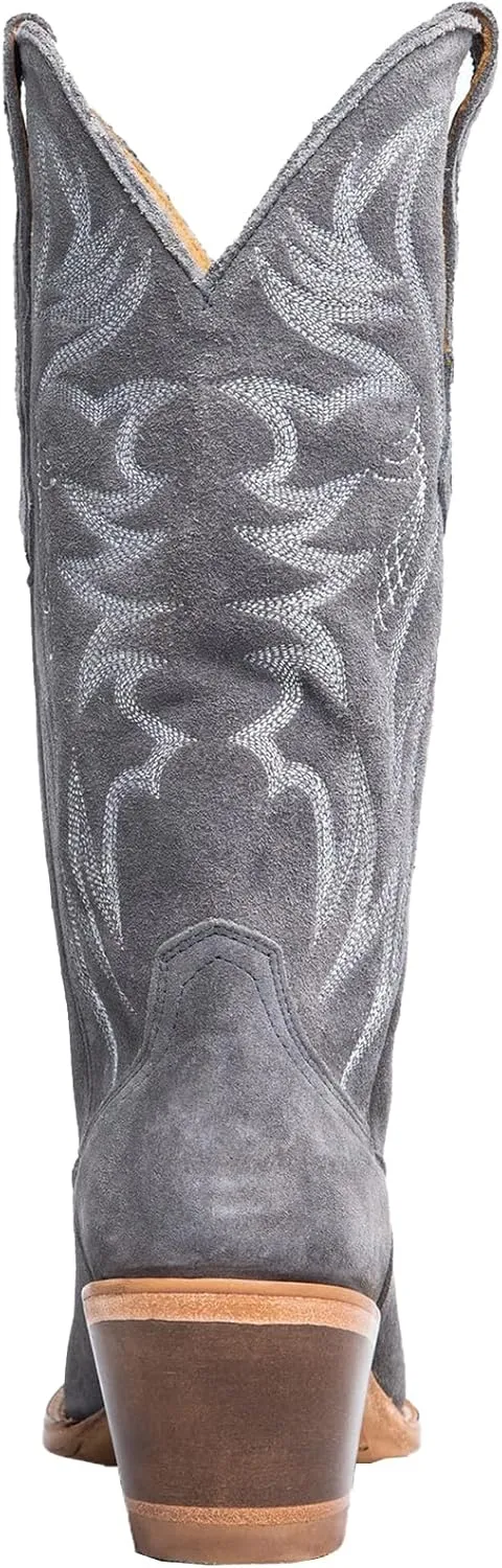 Womens Faux Suede Embroidered Cowboy Boots Pointed Toe Chunky Heel Cowboy Boots Pull On Womens Fashion Mid Calf Boots