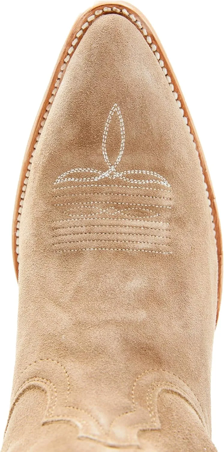 Womens Faux Suede Embroidered Cowboy Boots Pointed Toe Chunky Heel Cowboy Boots Pull On Womens Fashion Mid Calf Boots