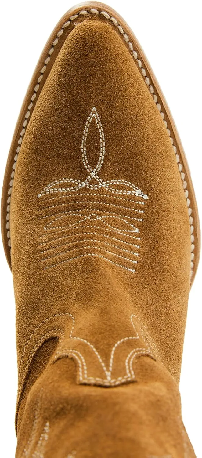 Womens Faux Suede Embroidered Cowboy Boots Pointed Toe Chunky Heel Cowboy Boots Pull On Womens Fashion Mid Calf Boots