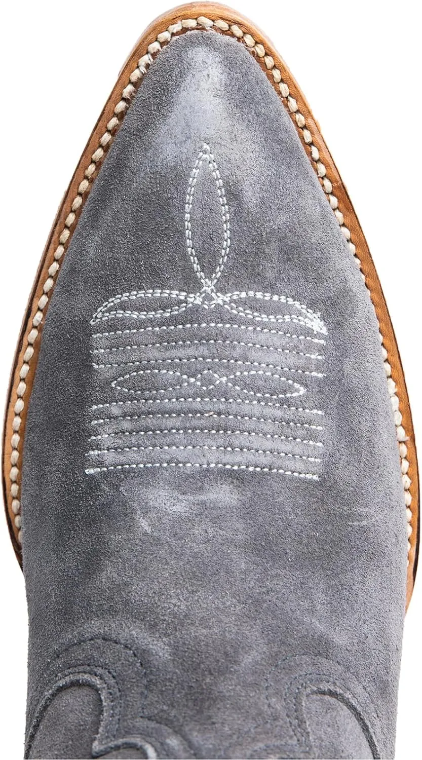 Womens Faux Suede Embroidered Cowboy Boots Pointed Toe Chunky Heel Cowboy Boots Pull On Womens Fashion Mid Calf Boots