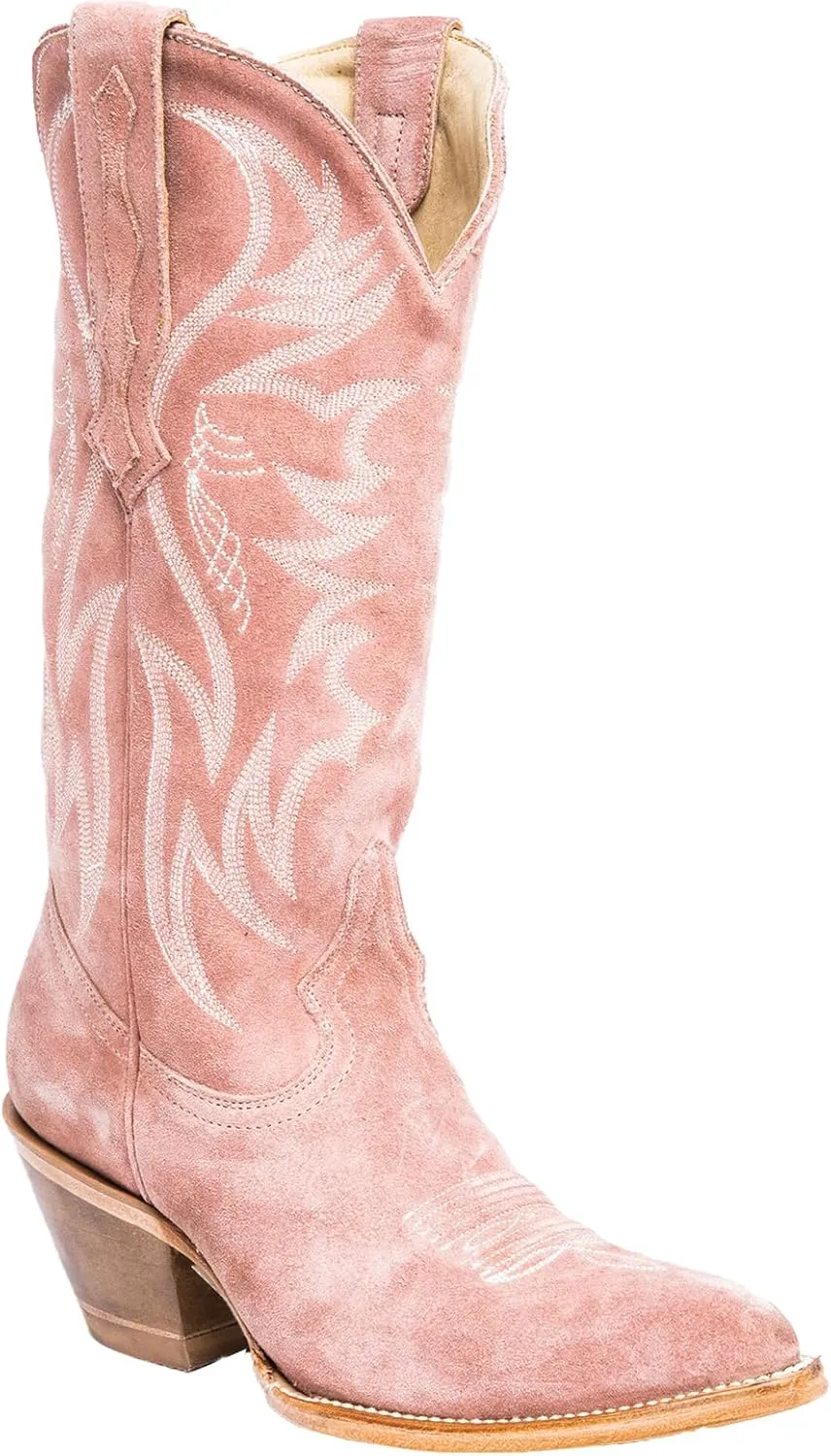 Womens Faux Suede Embroidered Cowboy Boots Pointed Toe Chunky Heel Cowboy Boots Pull On Womens Fashion Mid Calf Boots