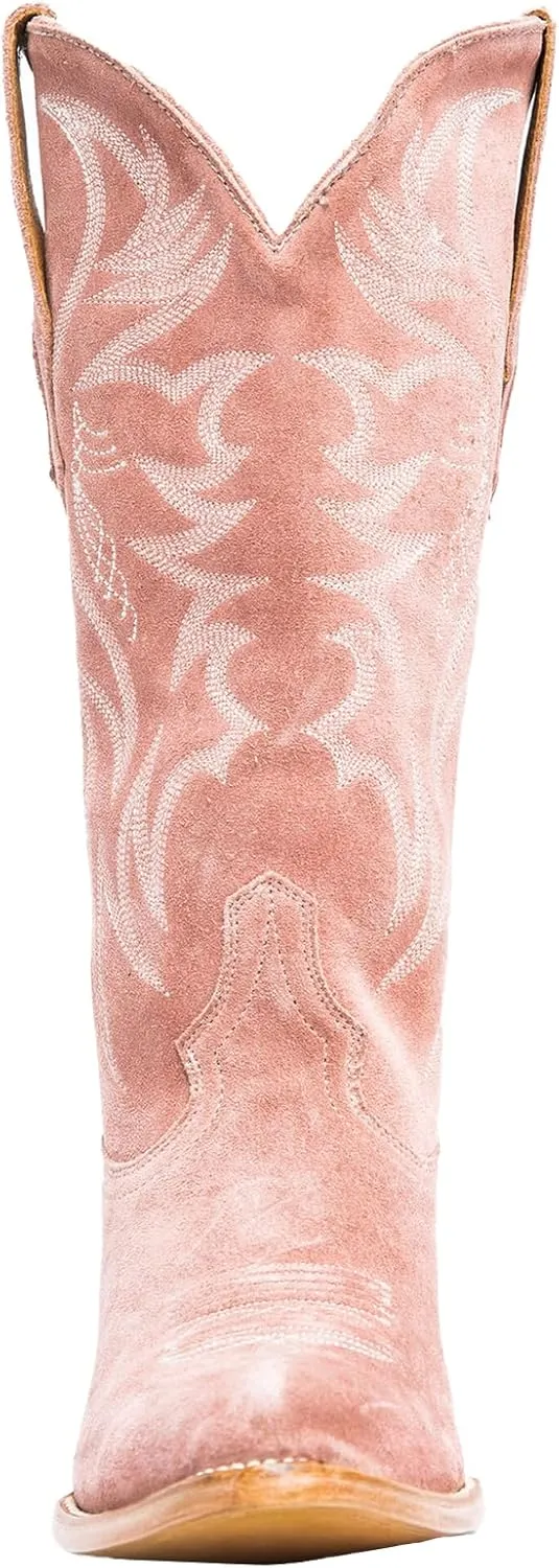 Womens Faux Suede Embroidered Cowboy Boots Pointed Toe Chunky Heel Cowboy Boots Pull On Womens Fashion Mid Calf Boots