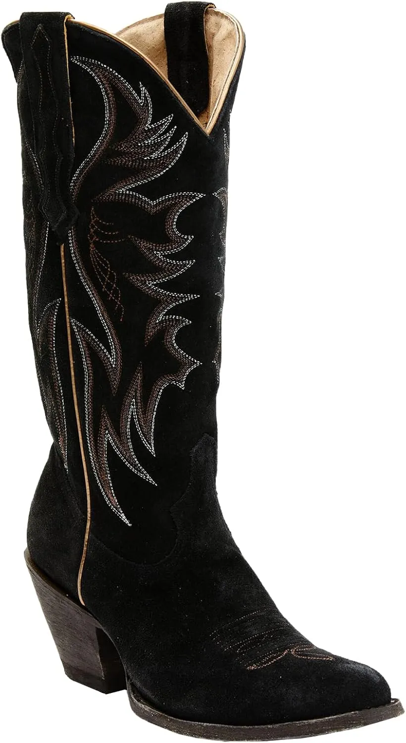 Womens Faux Suede Embroidered Cowboy Boots Pointed Toe Chunky Heel Cowboy Boots Pull On Womens Fashion Mid Calf Boots