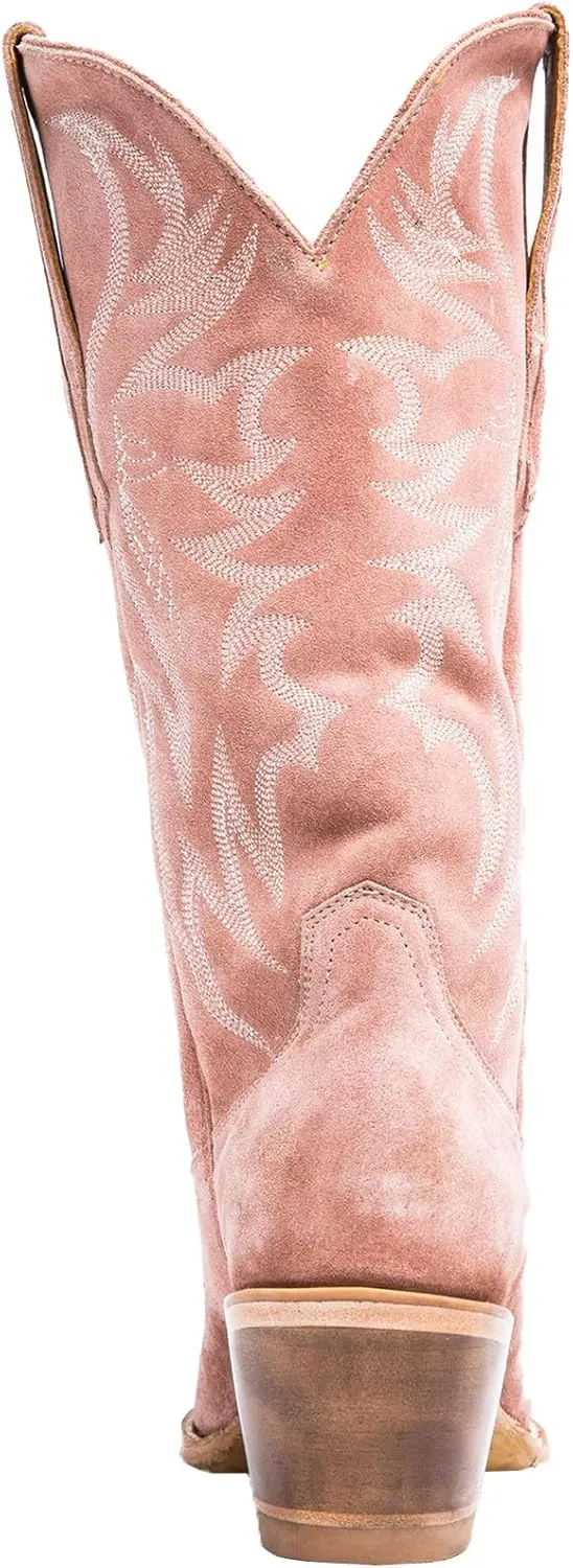 Womens Faux Suede Embroidered Cowboy Boots Pointed Toe Chunky Heel Cowboy Boots Pull On Womens Fashion Mid Calf Boots