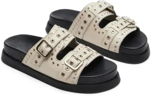 Womens Flat Slide Sandals Double Strap Adjustable Buckle Slip on Slides Shoes Stud Flatform Sandals