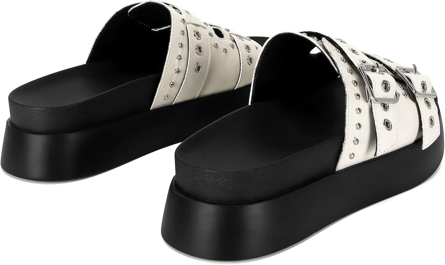 Womens Flat Slide Sandals Double Strap Adjustable Buckle Slip on Slides Shoes Stud Flatform Sandals