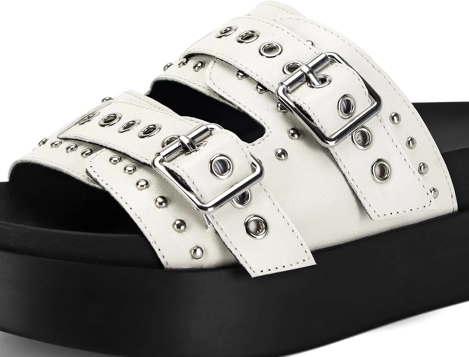 Womens Flat Slide Sandals Double Strap Adjustable Buckle Slip on Slides Shoes Stud Flatform Sandals