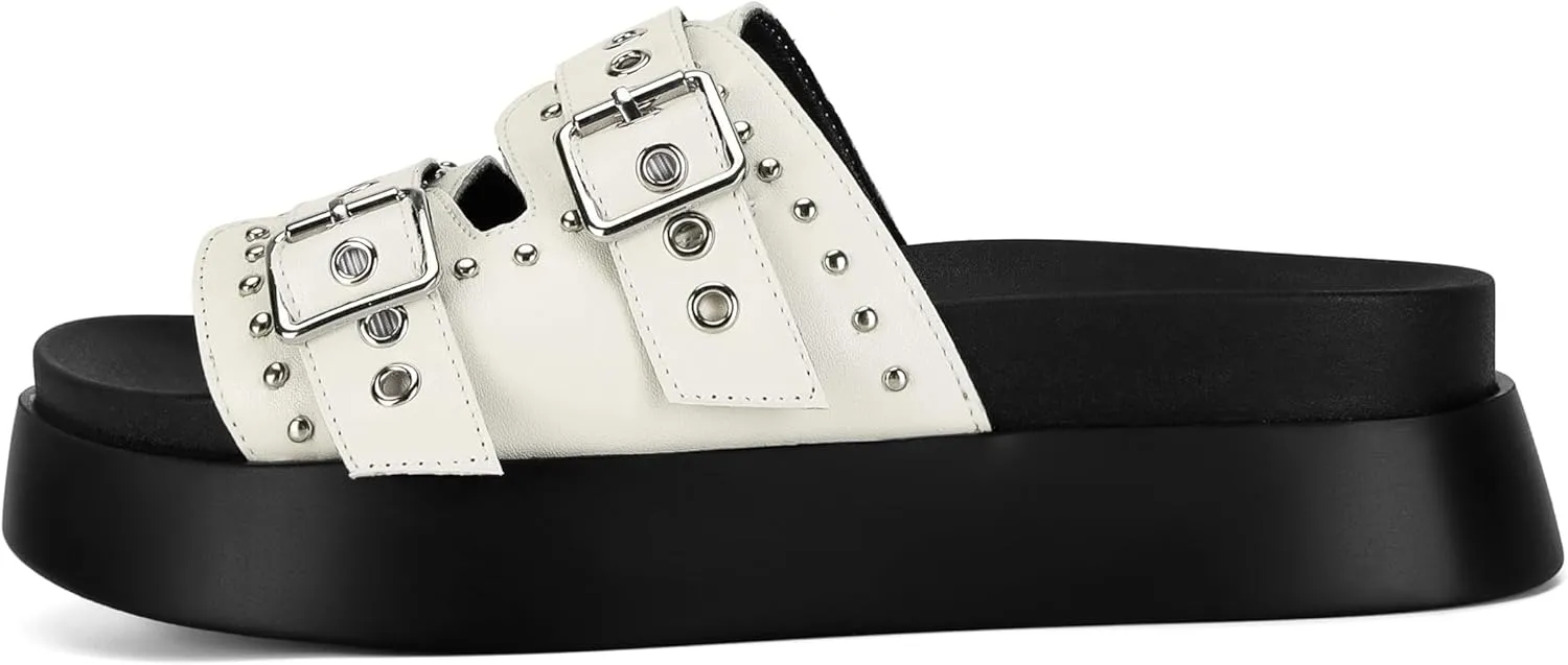 Womens Flat Slide Sandals Double Strap Adjustable Buckle Slip on Slides Shoes Stud Flatform Sandals