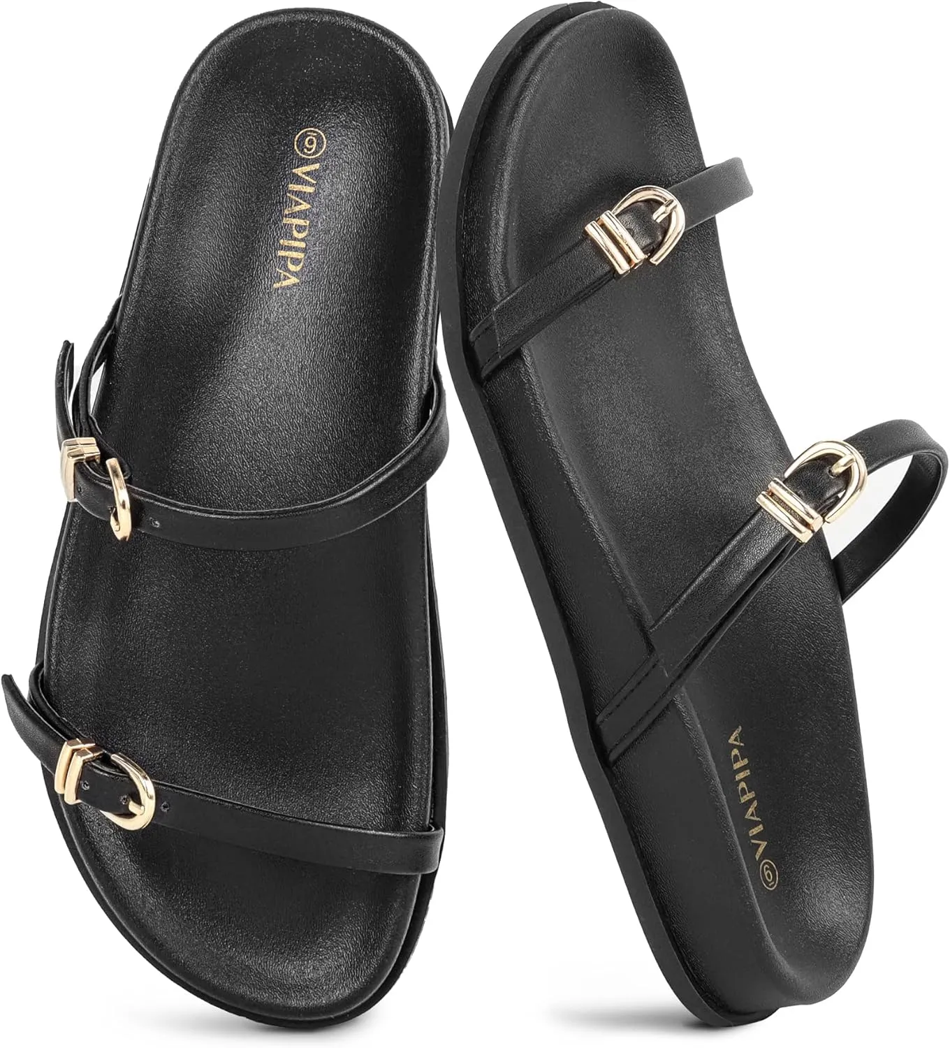 Women's Flat Strap Sandals Comfortable Wide Width Open Toe Slides with Adjustable Double Buckle Slip on Shoes