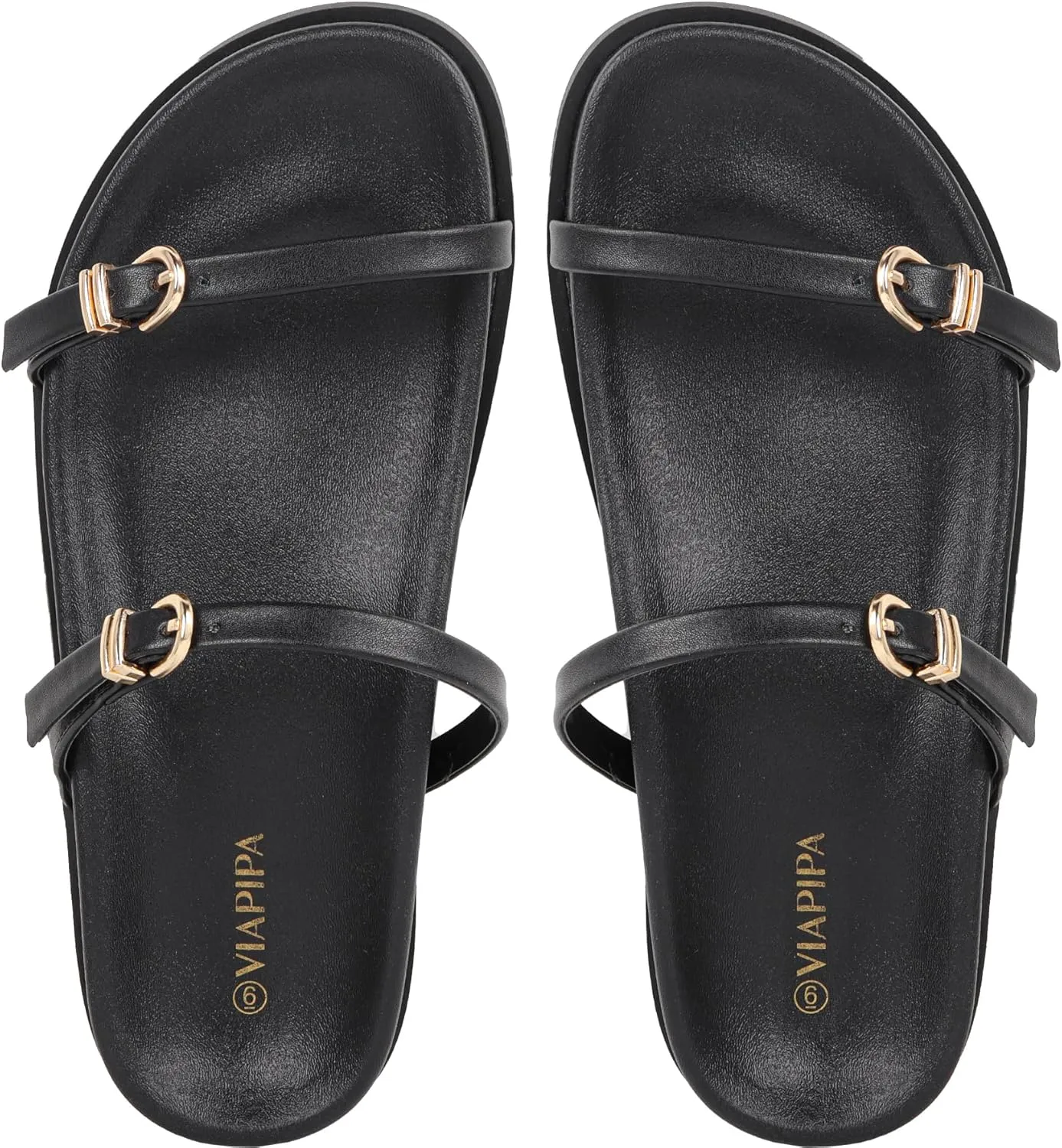 Women's Flat Strap Sandals Comfortable Wide Width Open Toe Slides with Adjustable Double Buckle Slip on Shoes