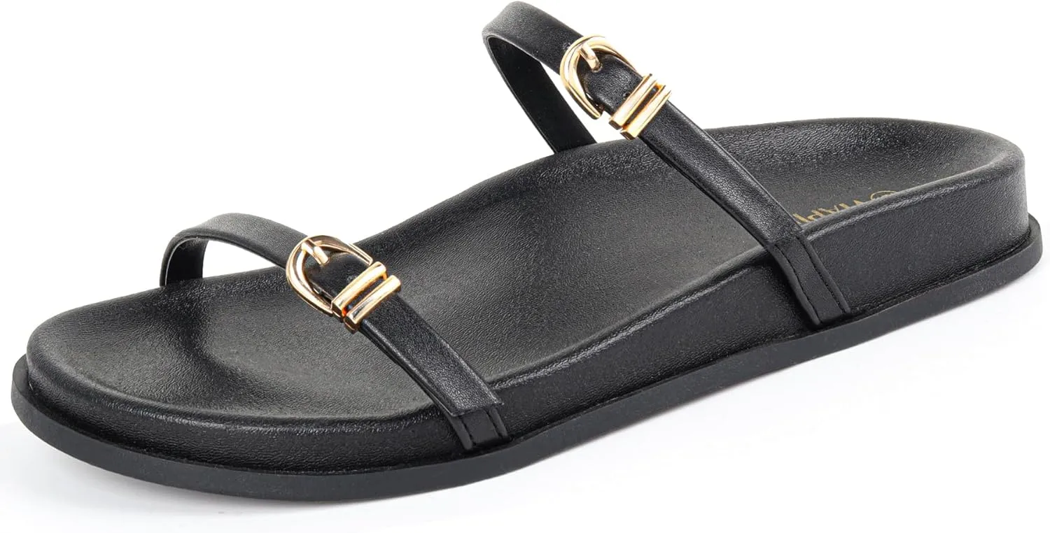 Women's Flat Strap Sandals Comfortable Wide Width Open Toe Slides with Adjustable Double Buckle Slip on Shoes