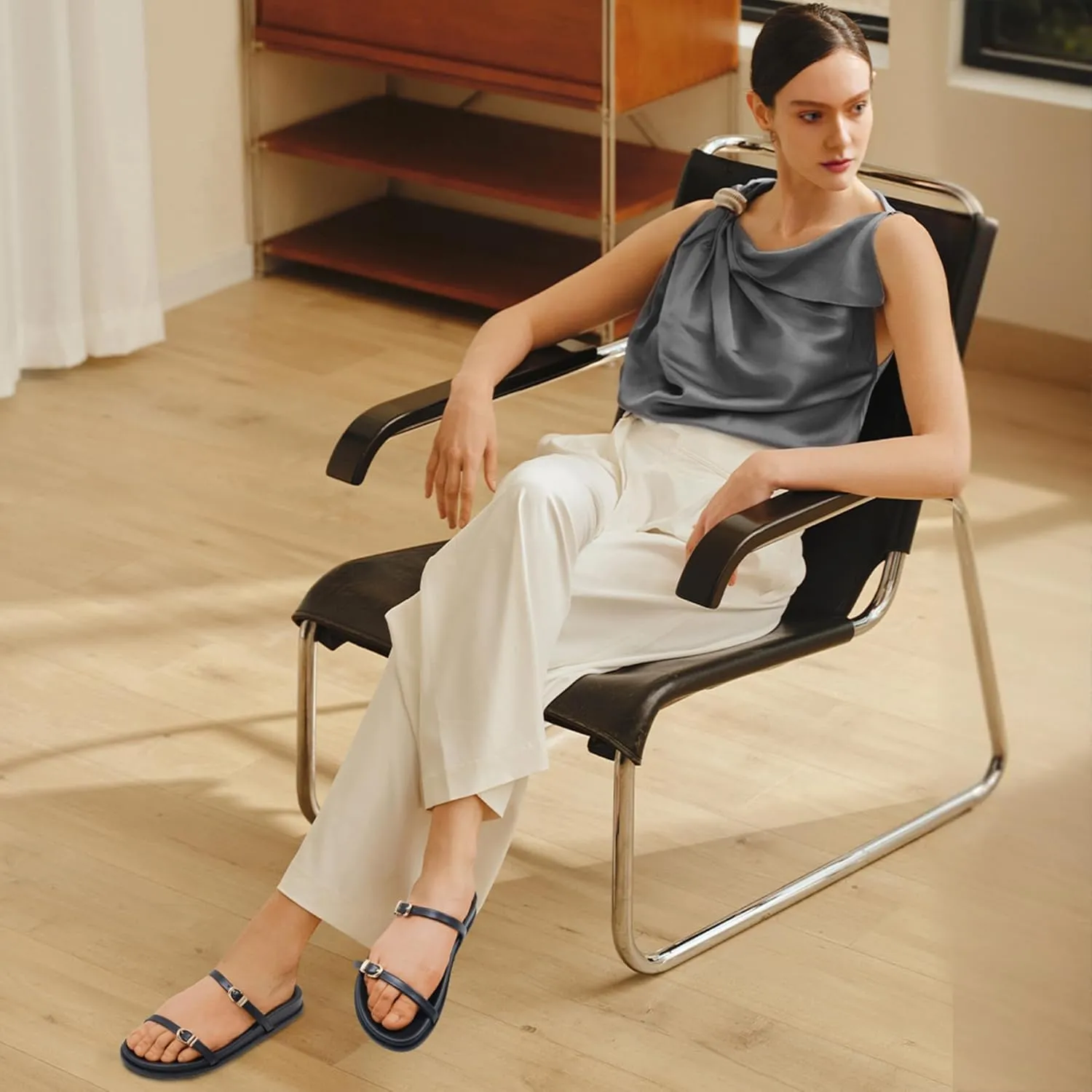 Women's Flat Strap Sandals Comfortable Wide Width Open Toe Slides with Adjustable Double Buckle Slip on Shoes