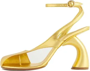Women's Flip Flop High Heeled Sandals Square Toe Cutout Leather Dress Shoes Adjustable Strappy Pumps for Party