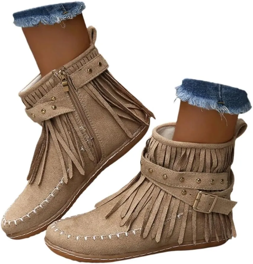 Women's Fringe Side-Zip Boot,Women's Suede Fringe Ankle Boots Wide Round Toe Flats Winter Warm Fashionable Western Outdoor Short Boots Boho Tassel Studded Slip On Booties with Zipper