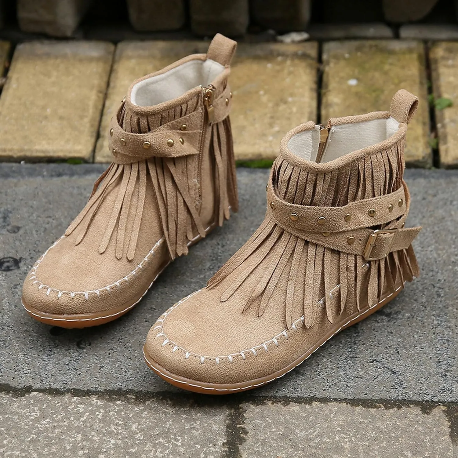 Women's Fringe Side-Zip Boot,Women's Suede Fringe Ankle Boots Wide Round Toe Flats Winter Warm Fashionable Western Outdoor Short Boots Boho Tassel Studded Slip On Booties with Zipper