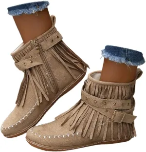 Women's Fringe Side-Zip Boot,Women's Suede Fringe Ankle Boots Wide Round Toe Flats Winter Warm Fashionable Western Outdoor Short Boots Boho Tassel Studded Slip On Booties with Zipper