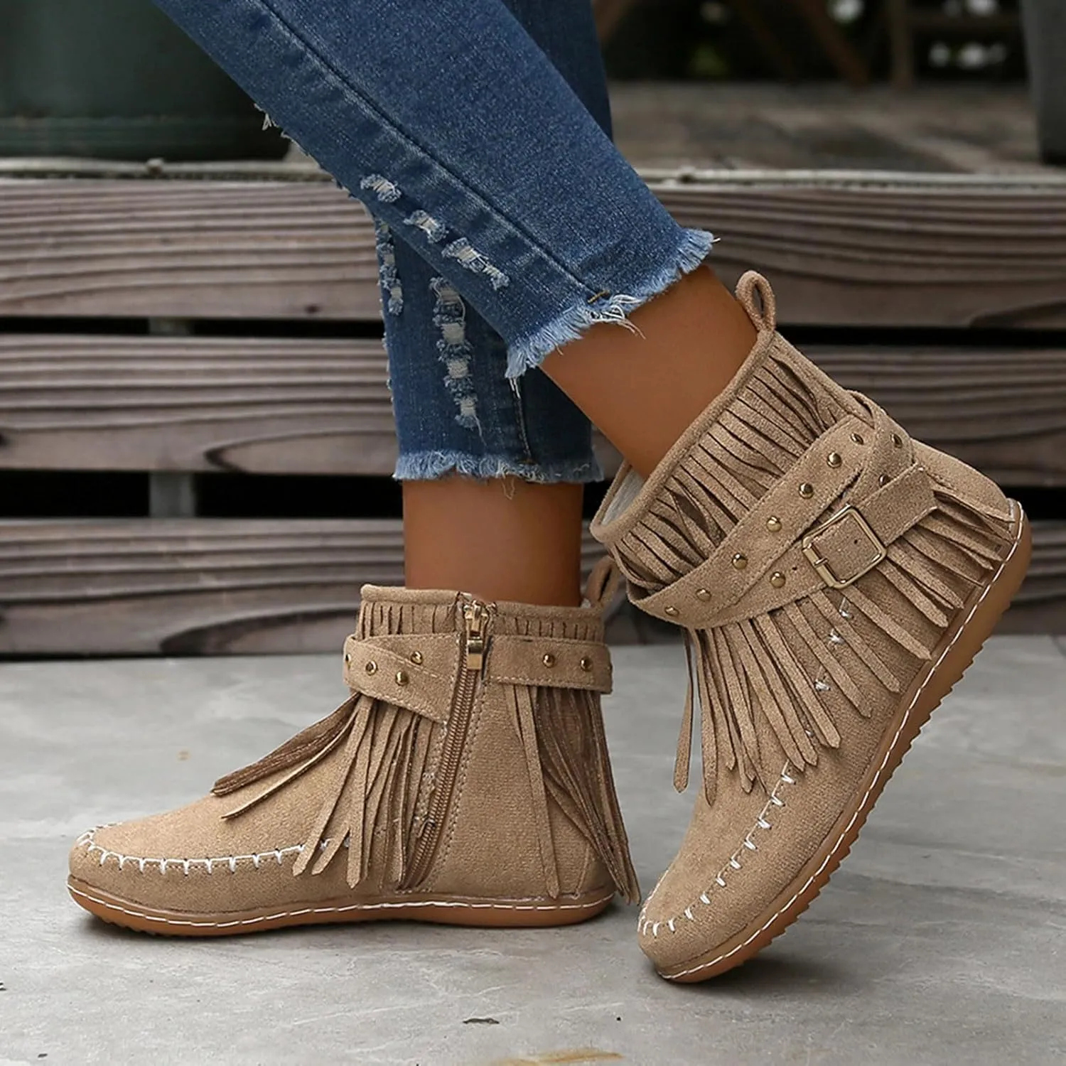 Women's Fringe Side-Zip Boot,Women's Suede Fringe Ankle Boots Wide Round Toe Flats Winter Warm Fashionable Western Outdoor Short Boots Boho Tassel Studded Slip On Booties with Zipper