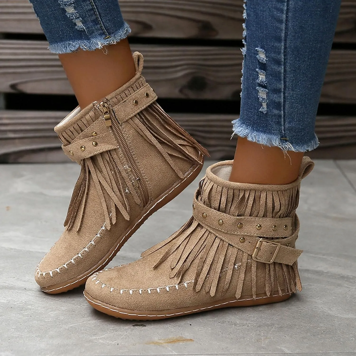 Women's Fringe Side-Zip Boot,Women's Suede Fringe Ankle Boots Wide Round Toe Flats Winter Warm Fashionable Western Outdoor Short Boots Boho Tassel Studded Slip On Booties with Zipper