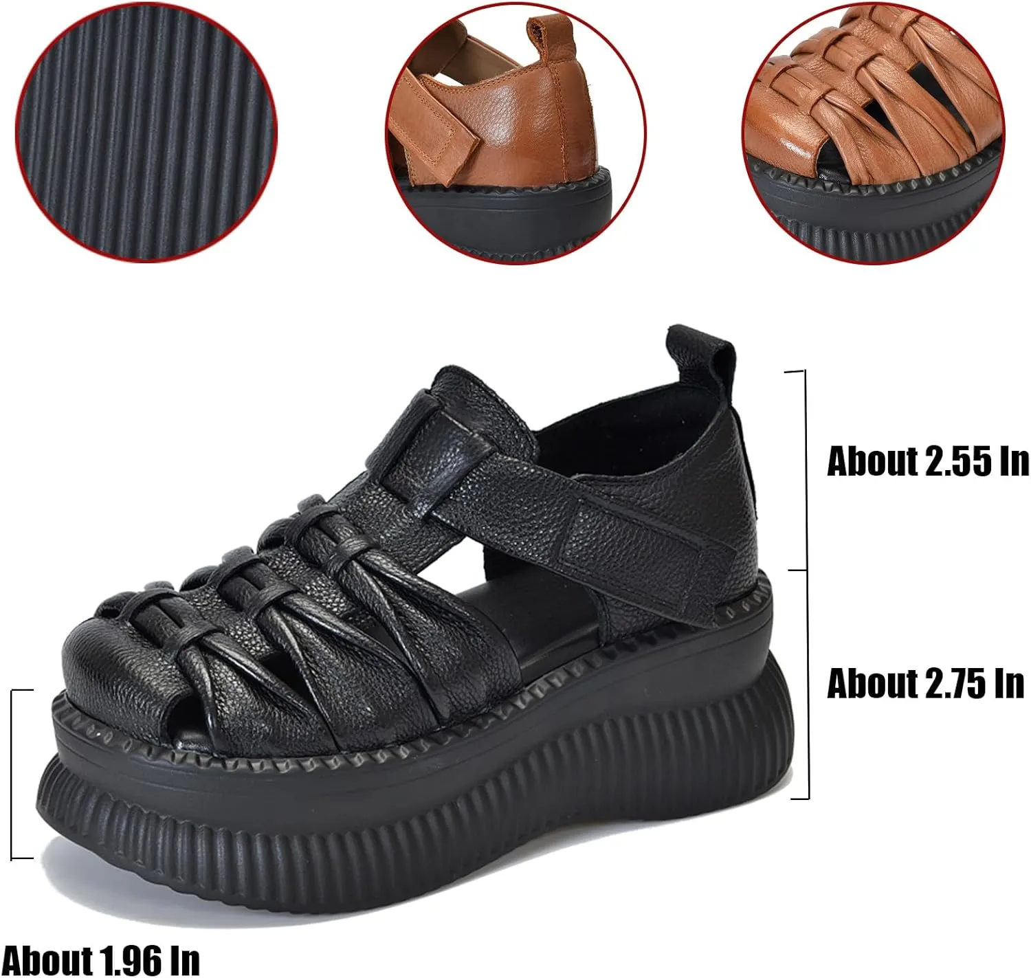 Women'S Genuine Leather Braid Platform Cutout Fisherman Sandals Fashion Adjustable Hook Loop Low-Top Round Closed Toe chunky Wedge Causal walking Roman Sandals
