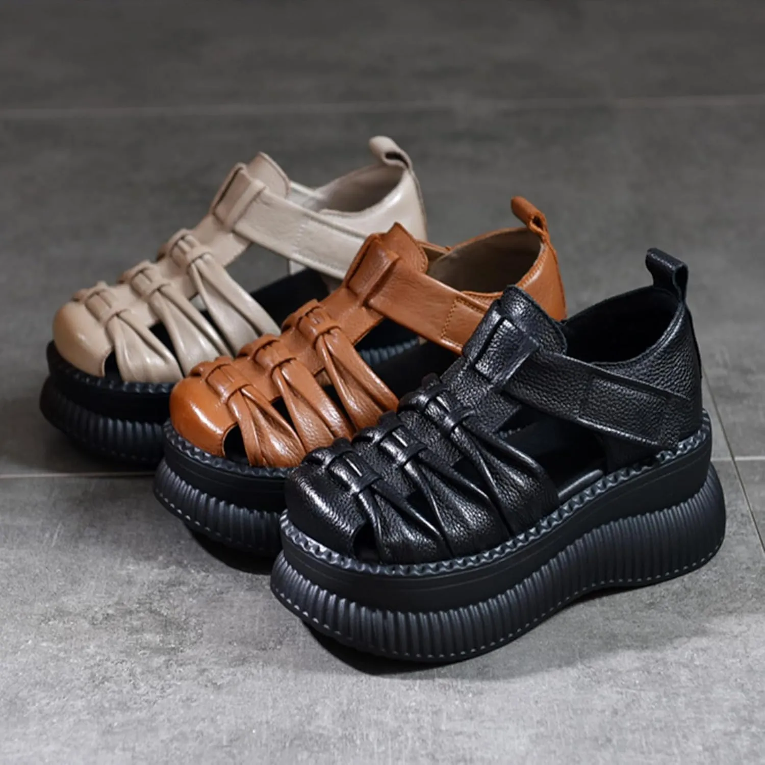Women'S Genuine Leather Braid Platform Cutout Fisherman Sandals Fashion Adjustable Hook Loop Low-Top Round Closed Toe chunky Wedge Causal walking Roman Sandals