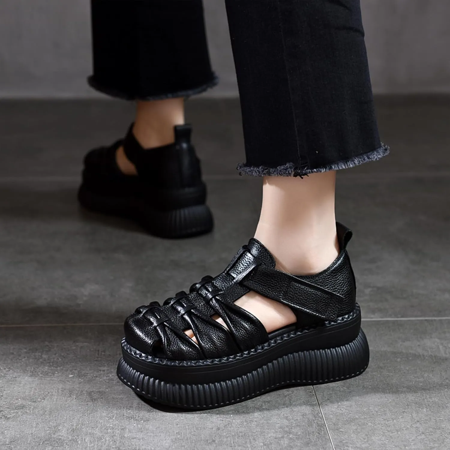 Women'S Genuine Leather Braid Platform Cutout Fisherman Sandals Fashion Adjustable Hook Loop Low-Top Round Closed Toe chunky Wedge Causal walking Roman Sandals