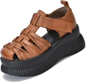 Women'S Genuine Leather Braid Platform Cutout Fisherman Sandals Fashion Adjustable Hook Loop Low-Top Round Closed Toe chunky Wedge Causal walking Roman Sandals