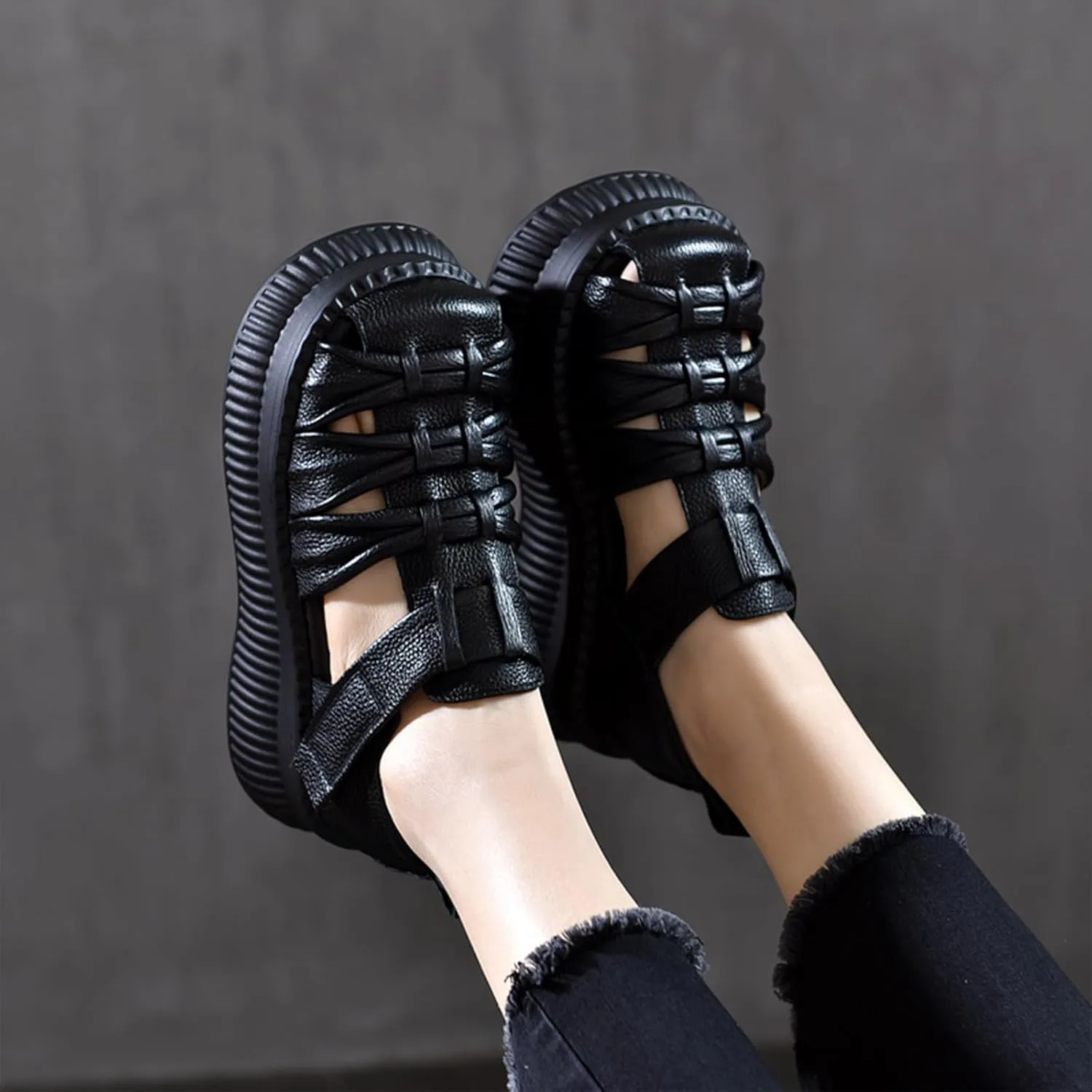 Women'S Genuine Leather Braid Platform Cutout Fisherman Sandals Fashion Adjustable Hook Loop Low-Top Round Closed Toe chunky Wedge Causal walking Roman Sandals