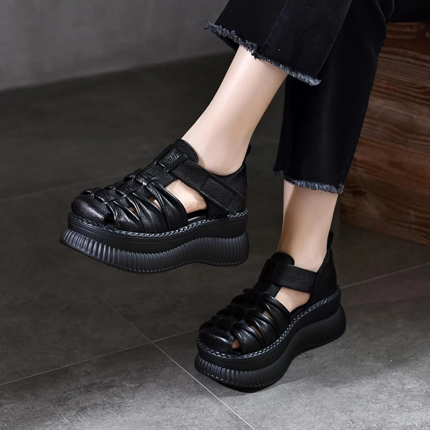 Women'S Genuine Leather Braid Platform Cutout Fisherman Sandals Fashion Adjustable Hook Loop Low-Top Round Closed Toe chunky Wedge Causal walking Roman Sandals