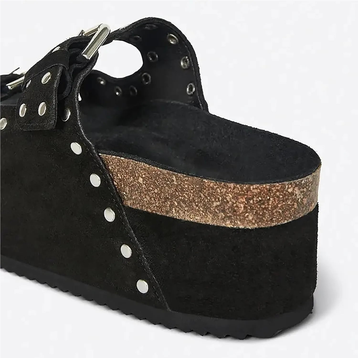 Womens Genuine Leather Cork Platform Sandals Adjustable Buckle Straps Band Suede Clogs Platform Slip on Flatform Sandals