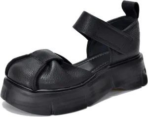 Women's Genuine Leather Platform Vintage Roman Sandals With Adjustable Hook And Loop Closed Round Toe Chunky Platform Comfortable Anti-Slip Hollow Out Casual Walking Sandals (7,black)
