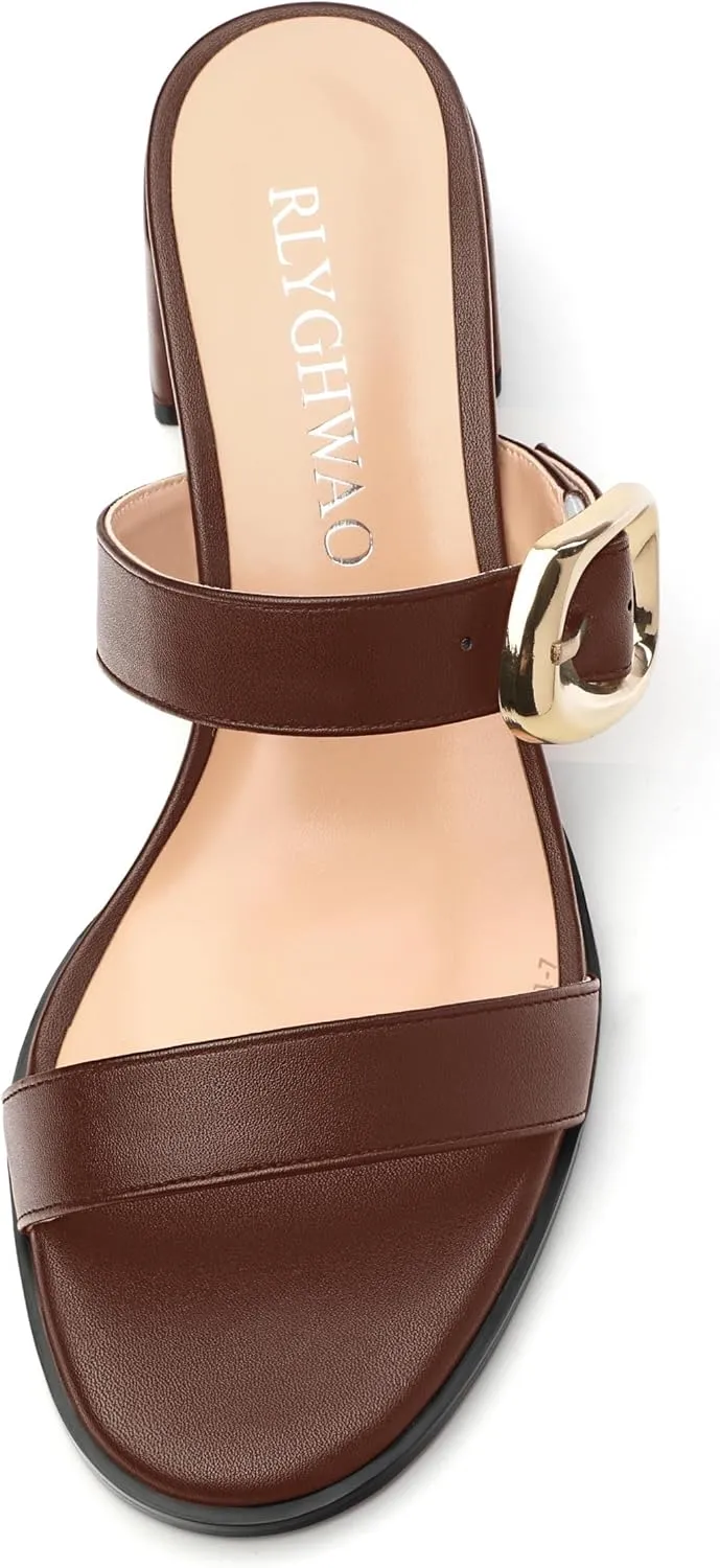 Womens Heeled Sandals, Round Open Toe Low Heels, Fashion Buckle Slip On Solid Matte Sandals 2 inch