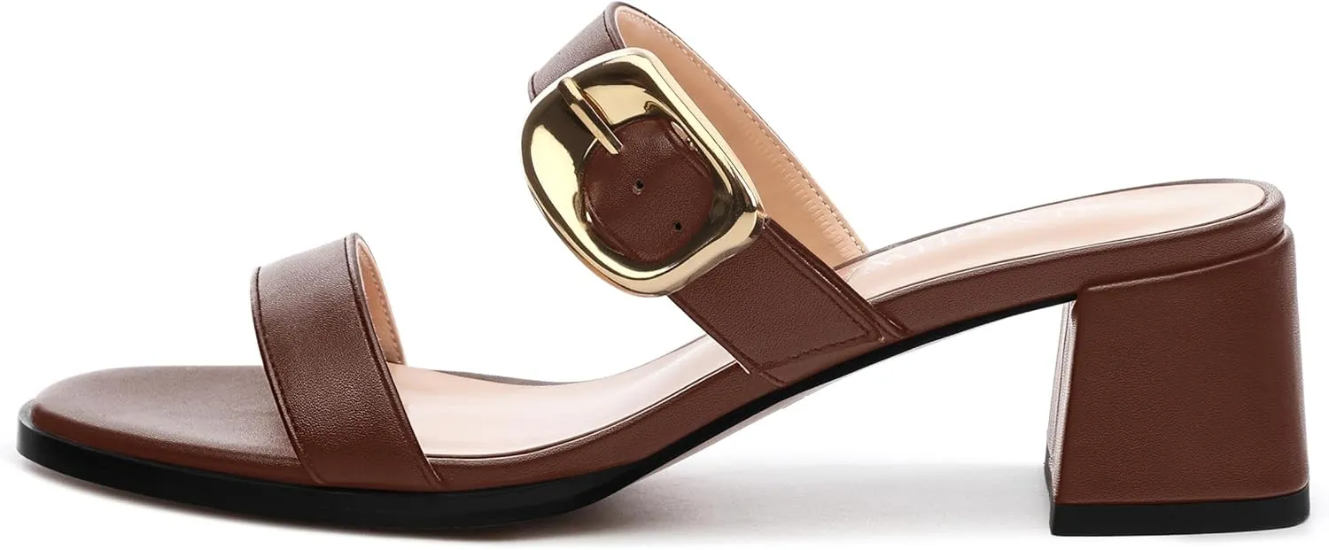 Womens Heeled Sandals, Round Open Toe Low Heels, Fashion Buckle Slip On Solid Matte Sandals 2 inch