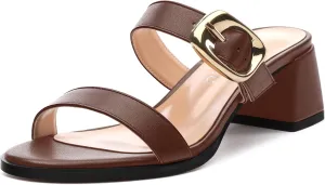 Womens Heeled Sandals, Round Open Toe Low Heels, Fashion Buckle Slip On Solid Matte Sandals 2 inch