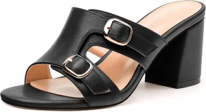 Women's Heeled Sandals, Round Open Toe Mid Chunky Heel, Buckle Fashion Slide Sandal for Wedding Party Daily Dressy