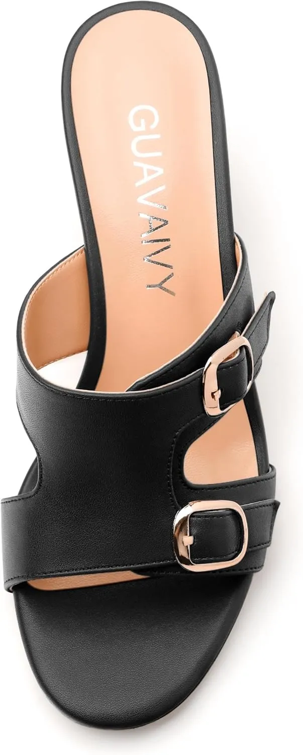 Women's Heeled Sandals, Round Open Toe Mid Chunky Heel, Buckle Fashion Slide Sandal for Wedding Party Daily Dressy