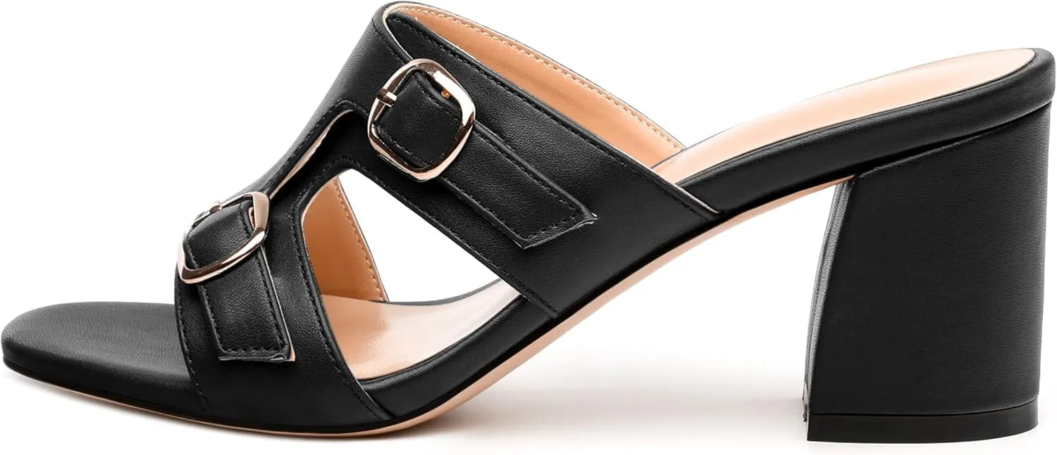 Women's Heeled Sandals, Round Open Toe Mid Chunky Heel, Buckle Fashion Slide Sandal for Wedding Party Daily Dressy