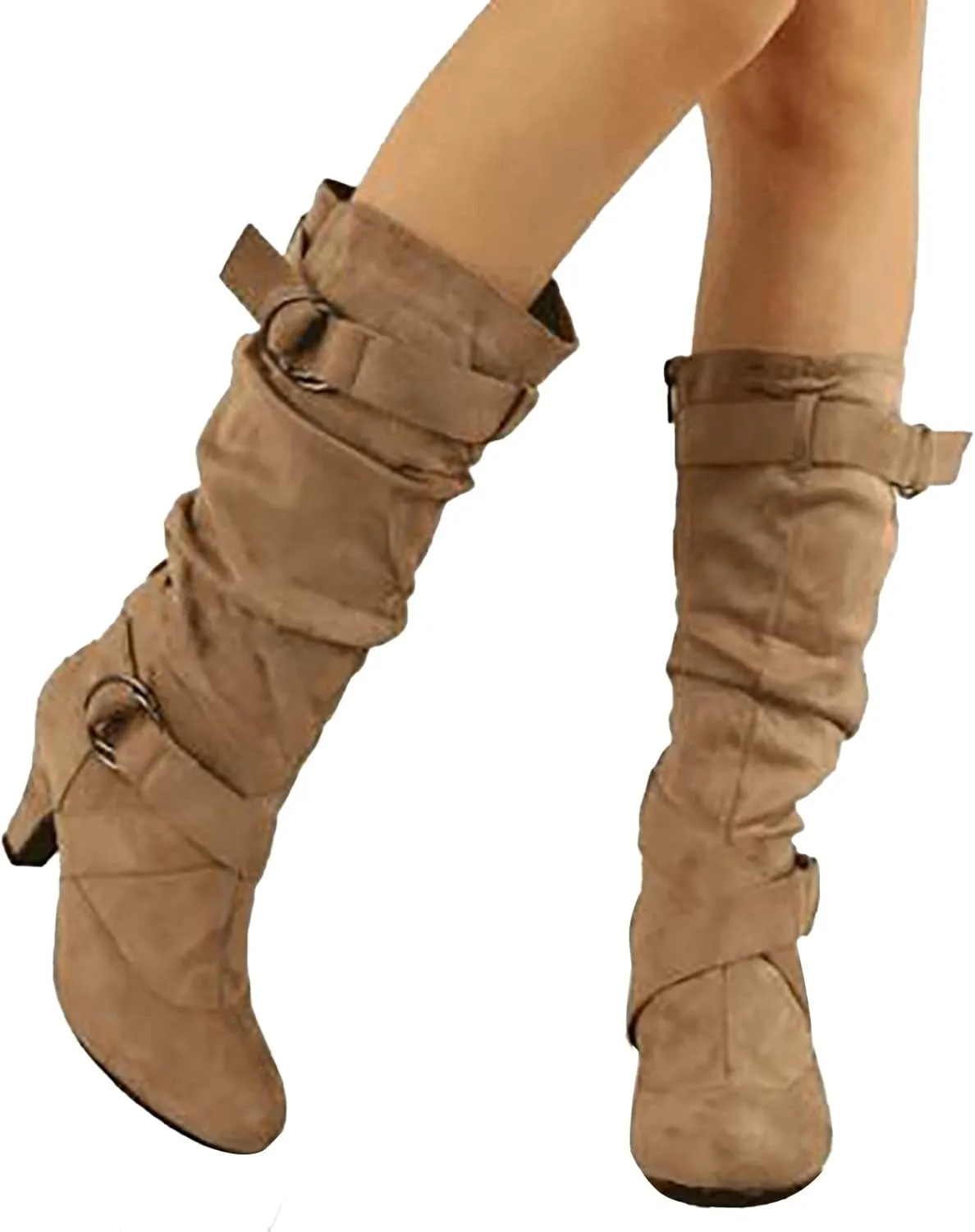 Womens High Boots,Wide Calf Boots with Adjustable Buckle Strap Stylish High Heel Slip On Boots Fashion Suede Combat Riding Boots for Women Winter Fall Party Comfy Walking High Heels